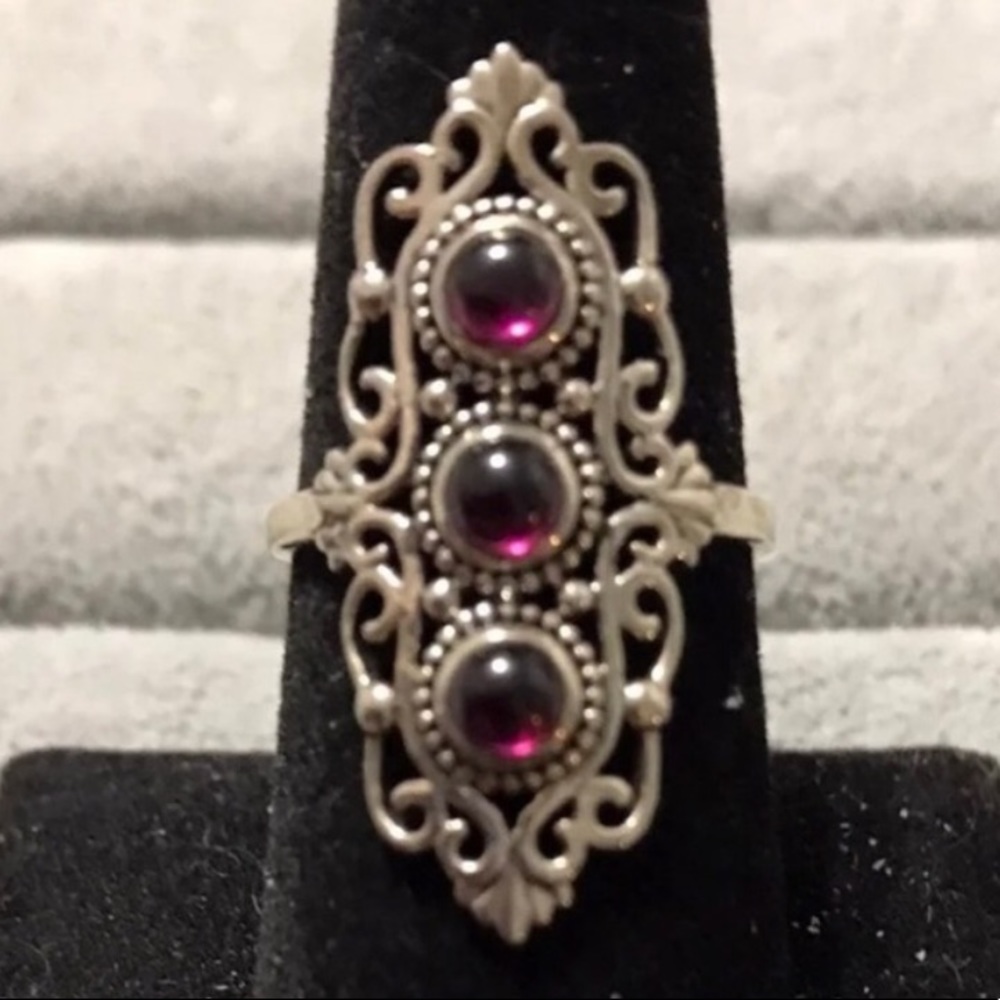 New Sterling Silver Pink Ruby Trio Triple Ring Size 8-8.25 w/Filigree Setting
